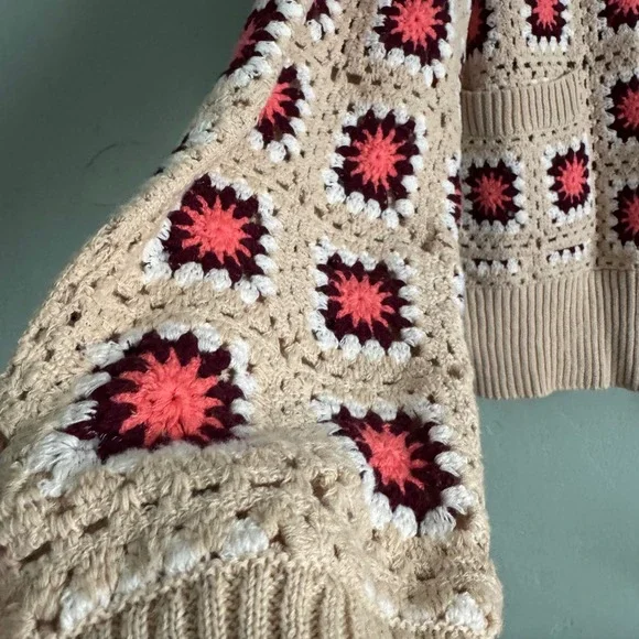 PacSun Womens Large Crochet Granny Square Cardigan Pink Tan Cotton Knit Sweater - Picture 6 of 13